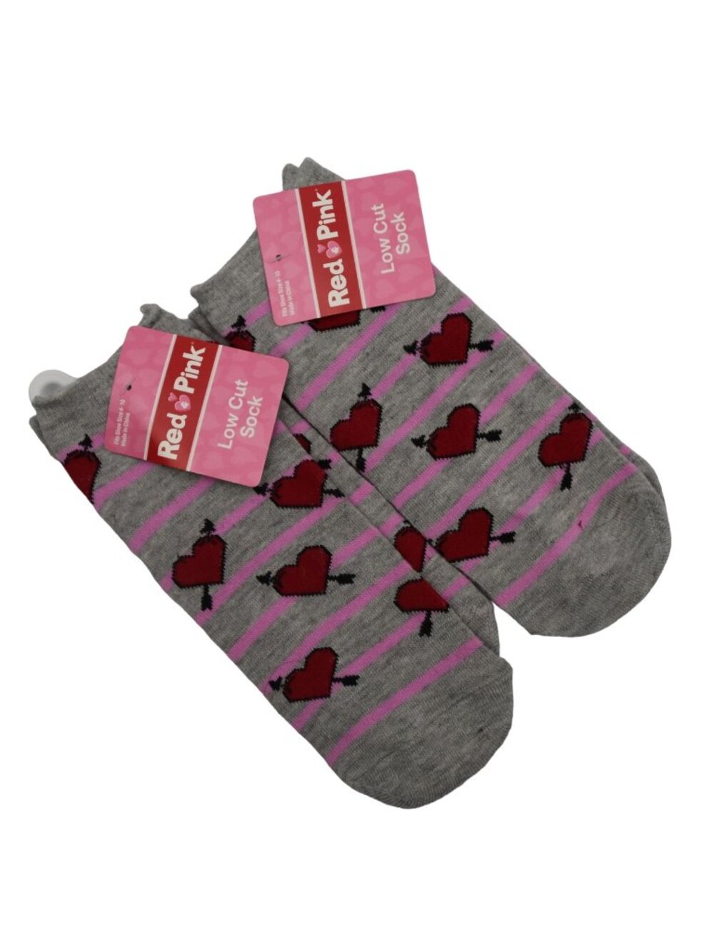 2 Pair of Low Cut Socks Womens Red Hearts Pink Stripes on Gray Lot